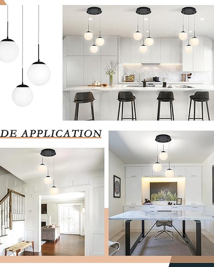 KoKo&Yukina 3 Light Globe Glass Pendant Light Modern Black Globe Chandelier Adjustable Length Pendant Light Fixtures Milky White Glass Ceiling Light for Foyer Hallway