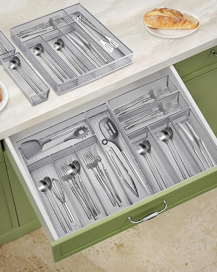Neudeco Drawer Organizer Set 6 Pack - 5-Compartment Silverware Organizer Tray + 5 Utensil Trays, Kitchen Drawer Organizer for Flatware, Cutlery, Office Supplies, Silver Mesh, Non-Slip