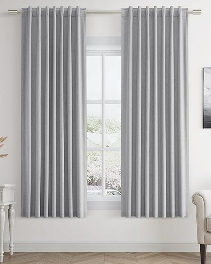Guken Grey Linen Blackout Curtains 63 Inch Length 2 Panels Set for Living Room Bedroom Back Tab Thermal Insulated 100% Black Out Linen Drapes Room Darkening Window Curtains 63 Inches Long