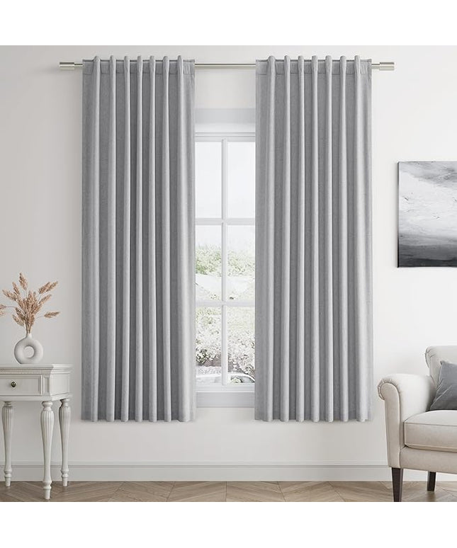 Guken Grey Linen Blackout Curtains 63 Inch Length 2 Panels Set for Living Room Bedroom Back Tab Thermal Insulated 100% Black Out Linen Drapes Room Darkening Window Curtains 63 Inches Long