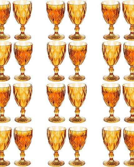24 Pack Vintage Wine Glasses, Plastic Reusable 12 Ounce Colored Water Goblets, Unique Embossed Pattern Unbreakable Stemmed Wine Glasses High Clear Wedding Party Bar Drinking Cups Amber