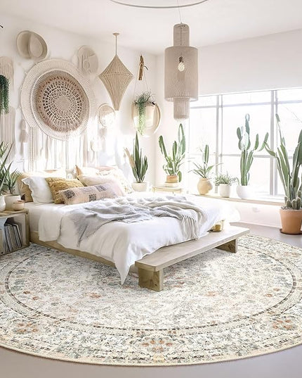 Round Rug 9ft,Large Boho Circle Area Rugs for Bedroom Living Room,Beige Washable Vintage Bohemian Distressed Oriental Floral Carpet Non Slip