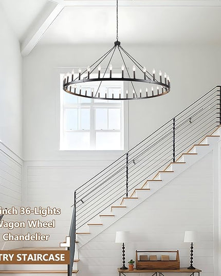 Black Extra Large Wagon Wheel Chandelier, 60 inch 36 Lights Farmhouse Chandelier, Industrial Candle Round Pendant Light Fixture for High Ceiling Living Room Dining Room Outdoor Porch Entryway Hallway