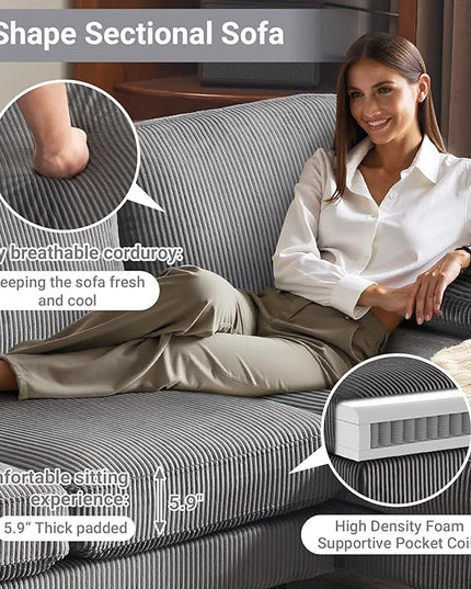 VINGLI 110" Sectional Couches for Living Room,U Shaped Couch with Double Chaise, 4-Seat Sofa Set with Corduroy Fabric for Home Furniture,Grey