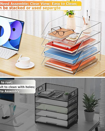 YKLSLH Simple 4 Tier Paper Organizer Letter Tray - Acrylic Stackable Desk File Organizer, Clear Paper Sorter Office Organizer for Letter/A4, Office File Ipad Books Notes Etc