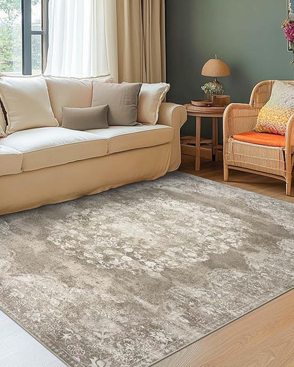 jinchan Vintage Floral 4x6 Area Rugs - Machine Washable Distressed Design Soft Ultra-Thin Low-Pile Non-Slip Carpet for Entryway Kitchen Bedroom Nursery Living Room Dining Room (4x6ft, Brown)