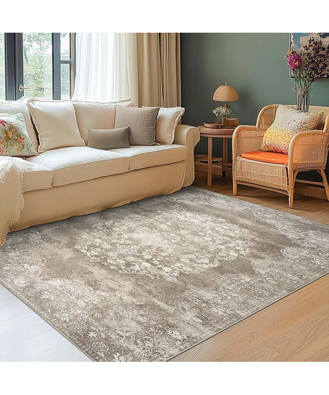 jinchan Vintage Floral 4x6 Area Rugs - Machine Washable Distressed Design Soft Ultra-Thin Low-Pile Non-Slip Carpet for Entryway Kitchen Bedroom Nursery Living Room Dining Room (4x6ft, Brown)