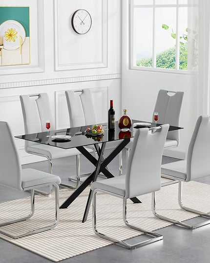 HomVent 7 Pieces Rectangular Glass Dining Table Table Set, Black Glass Dining Table Set for 6 Kitchen Table Set with 6 PU Dining Chairs for Kitchen Dining Room (Black3-Table with 6 Grey Chairs)