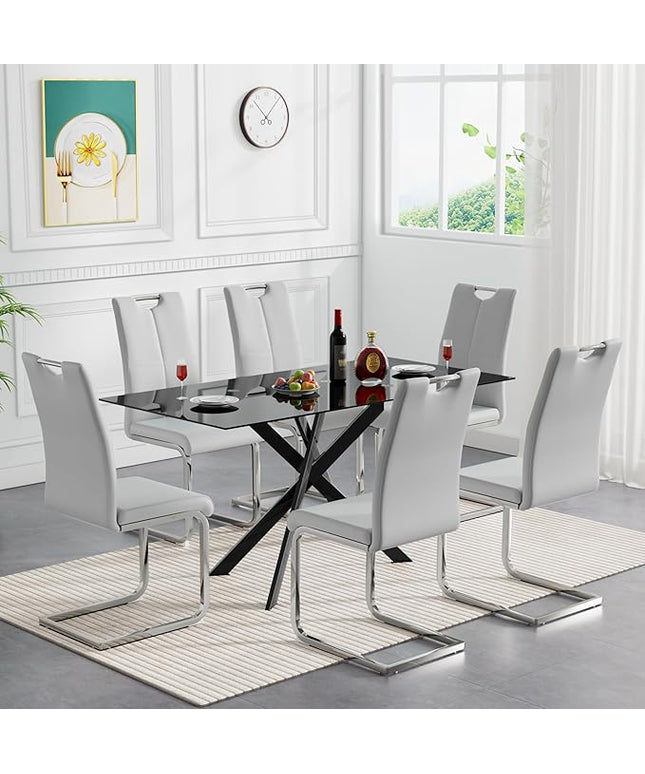 HomVent 7 Pieces Rectangular Glass Dining Table Table Set, Black Glass Dining Table Set for 6 Kitchen Table Set with 6 PU Dining Chairs for Kitchen Dining Room (Black3-Table with 6 Grey Chairs)