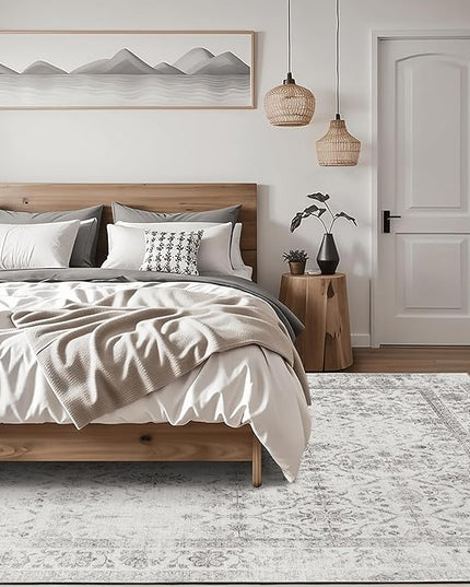 ReaLife Rugs Machine Washable Area Rug Runner - Living Room Bedroom Bathroom Kitchen Entryway Office - Padded Low Pile Stain Resistant Premium - Boho Farmhouse Vintage - Noor - Ivory Grey 3' x 5'