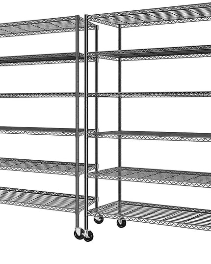 82" H X45 W X18 D Storage Shelves with Wheels, 6 Tier Wire Shelving Adjustable Metal Shelving Pantry Shelves Capacity 1200LBS for Garage Shelving, Pantry, Kitchen, Closet, Black,2P