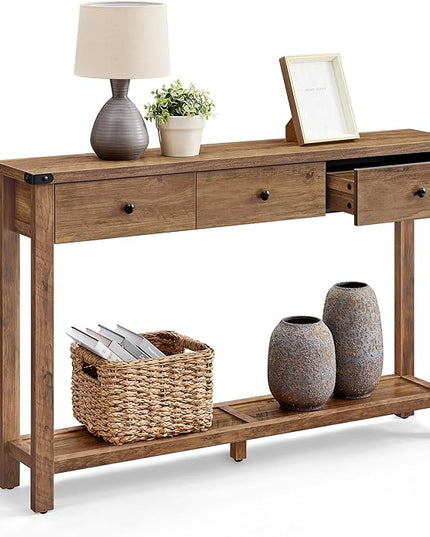 VASAGLE LIRY Collection - Console Table with 3 Drawers and Open Storage Shelf, Narrow Entryway Sofa Table for Living Room, Farmhouse Style, Metal Corners, Honey Brown ULNT142KB02S