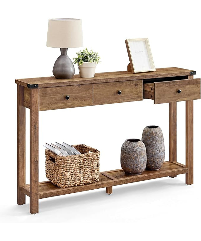 VASAGLE LIRY Collection - Console Table with 3 Drawers and Open Storage Shelf, Narrow Entryway Sofa Table for Living Room, Farmhouse Style, Metal Corners, Honey Brown ULNT142KB02S