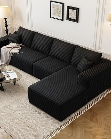 135.4" Cloud Modular Sectional Sofa Couch with L-Shape Chaise,Modern Minimalist Upholstered Couches for Living Room Bedroom,Deep Seat Corner Couch，No Assembly Required (Black,Right Facing Chaise)