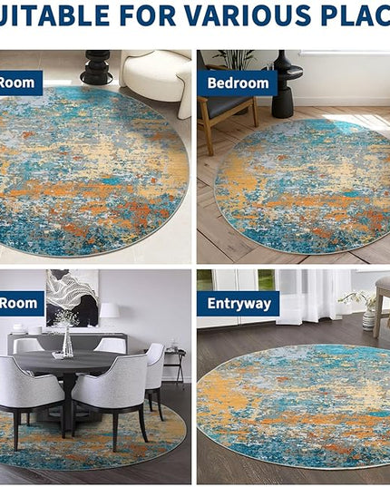 Modern Abstract 8x8 Round Area Rug Non Slip Non Shedding Rug Low Pile Stain Resistant for Bedroom Living Room Office Dining Room,Multi Color