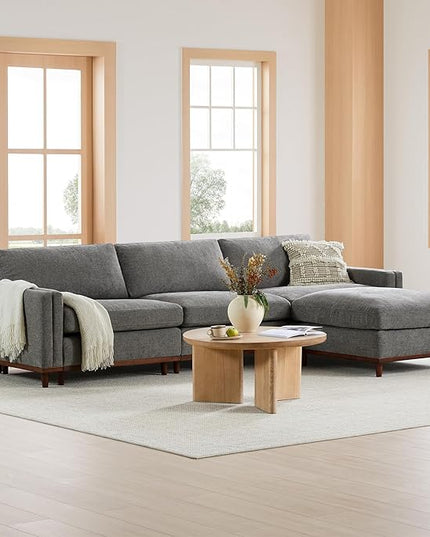 CHITA Super Large Luxury L Shape Convertible Sectional Modular Sofa, Down Filled Modern Sofa with Ottoman, Deep Seat Cloud Couch, 118 inch Width, 4 Seat Couch with Solid Wood Leg, Grey