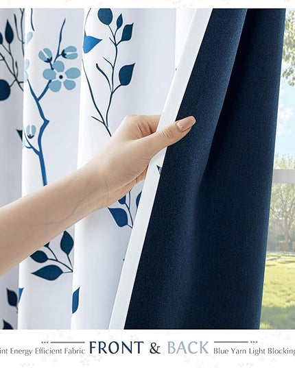 Beauoop Floral 100% Blackout Curtains 54 Inch Length 2 Panels for Bedroom Living Room Navy Blue and White Flower Patterned Room Darkening Thermal Soundproof Grommet Window Treatments Drapes, 52X54