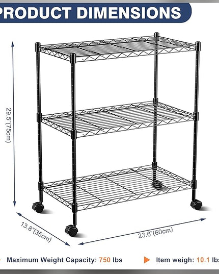 3-Tier Wire Shelf Rack,24" Dx14 Wx 30" H,Wire Metal Shelving with Lockable Wheels,Height Adjustable Storage Sranding Shelves for Kitchen,Living Room,Laundry,Office,Pantry,Studio,Black