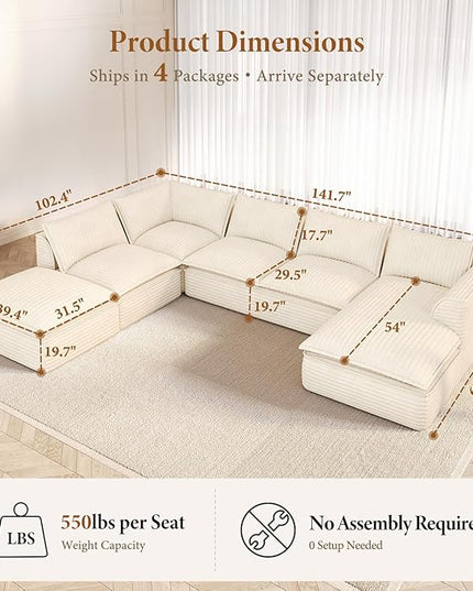 Vesgantti 141.7" Oversized Sectional Boneless Couch, Modern 7 Seater Modular Sofa with Chaise & Ottoman, Deep Seat Plush Corduroy Cloud Couches for Living Room, No Assembly Required, Beige
