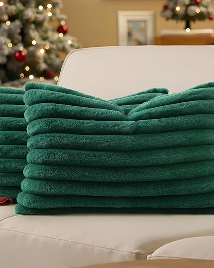 decorUhome Faux Fur Spring Throw Pillow Covers 12x20 Set of 2, Decorative Soft Plush Striped Neutral Couch Euro Pillow Covers with Velvet Back for Sofa, Bed, Living Room Home Decor, Christmas Green