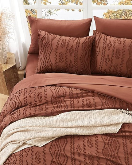 Queen Comforter Set Autumn Leaf, Tufted Boho Bedding Farmhouse Bed Set, All Season 7 Pieces Bed in a Bag with Sheets, Pillowcases & Shams