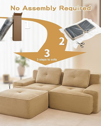 82" Convertible Modular Couches, Deep Seat L Shaped Sofas for Living Room, Modern 2 Seater Love Seat Sofa with 1 Ottoman for Small Space, Comfy Cloud Sectional Sofa Set, Corduroy Fabric Camel