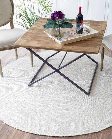 FRELISH DECOR Handwoven Jute Area Rug - Off-White Round Rustic Vintage Beige Braided Reversible Rug - Eco Friendly Rug for Bedroom - Kitchen - Living Room - Farmhouse (4' Round - Off-White)