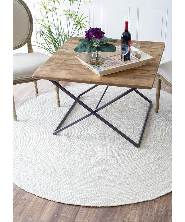 FRELISH DECOR Handwoven Jute Area Rug - Off-White Round Rustic Vintage Beige Braided Reversible Rug - Eco Friendly Rug for Bedroom - Kitchen - Living Room - Farmhouse (4' Round - Off-White)