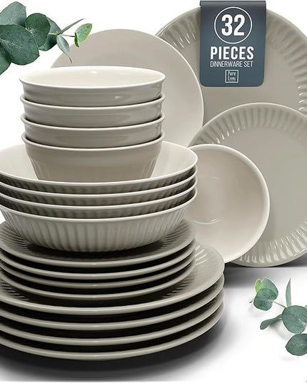 Stoneware Dinnerware Set for 8 People HYGGE 32-Piece - Elegant Scandi Design - Premium Dish Set - Bowl and Plate Set - Tableware for 8 People in a Ribbed Design - Pure Living in Light Brown