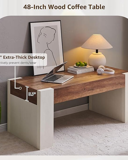OKD 48" Modern Farmhouse Coffee Table, Wooden Living Room Table with Hidden Storage Drawer, Rustic Rectangular Center Tables with Wood Thick Design for Living Room, Office, Antique White