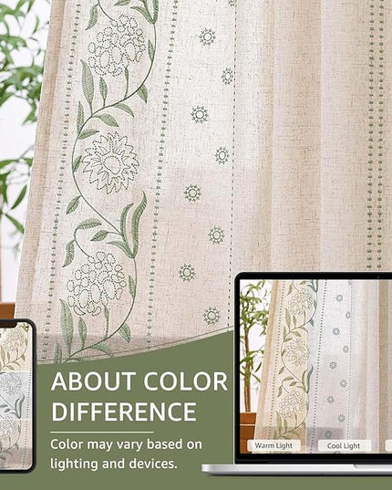 jinchan Winslow Linen Curtains for Bedroom 72 Inches Length Embroidered Bordered Floral Curtains for Living Room Farmhouse Decor Light Filtering Window Treatments Sage on Beige Drapes 2 Panels