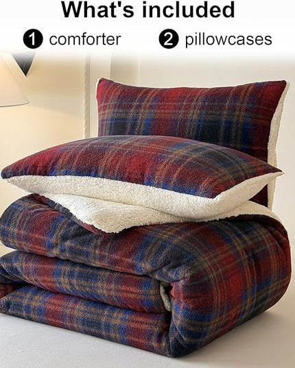 Cyusri Plaid Sherpa Comforter Set 3Pcs Fluffy Warm Fleece Down Alternative, Red Blue Grid Pattern Bedding Set with 2 Pillowcases, King Size 104"x90"