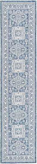Rugs.com Outdoor Aztec Collection Rug – 12 Ft Runner Blue Flatweave Rug Perfect for Hallways, Entryways