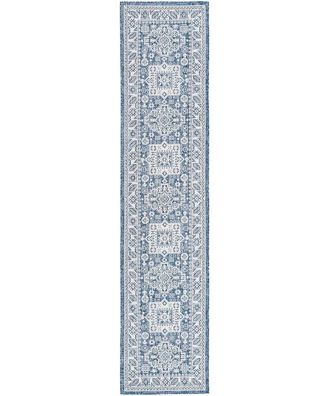 Rugs.com Outdoor Aztec Collection Rug – 12 Ft Runner Blue Flatweave Rug Perfect for Hallways, Entryways