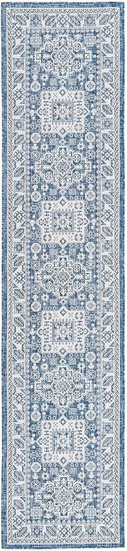 Rugs.com Outdoor Aztec Collection Rug – 12 Ft Runner Blue Flatweave Rug Perfect for Hallways, Entryways
