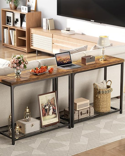 32" Small Console Table, 2-Tier Narrow Entryway Table, Sofa Table with Mesh Shelves, Console Tables for Living Room, Hallway, Entryway, Farmhouse Console Table with Storage, Rustic Brown