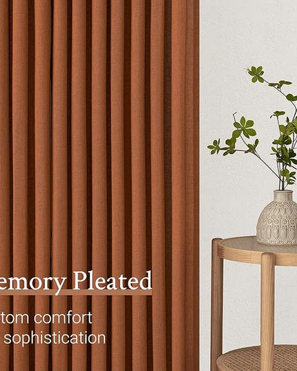 Pleated Linen Curtains 96 Inches Long for Living Room 2 Panel Set Cream Burnt Orange Semi Sheer Light Filtering Pinch Pleat with Hooks Back Tab Drapes Boho 96 Inch Curtain for Bedroom Window,8FT