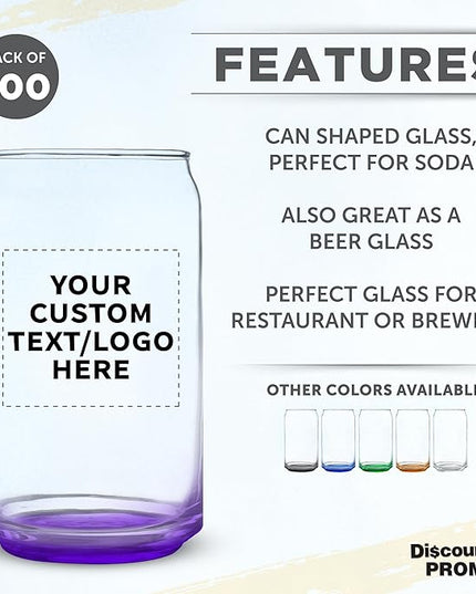 Custom Beer Can Glasses Set of 100, 16 oz. Pint Sized, Promotional Text, Logo, Soda Can Shape, Glassware, Purple