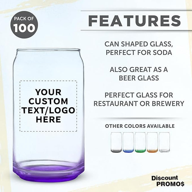 Custom Beer Can Glasses Set of 100, 16 oz. Pint Sized, Promotional Text, Logo, Soda Can Shape, Glassware, Purple