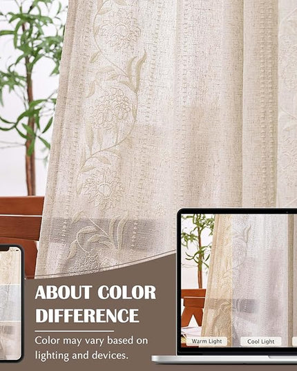 jinchan Winslow Linen Curtains for Bedroom 90 Inches Length Embroidered Bordered Floral Curtains for Living Room Farmhouse Decor Light Filtering Window Treatments Ivory on Beige Drapes 2 Panels
