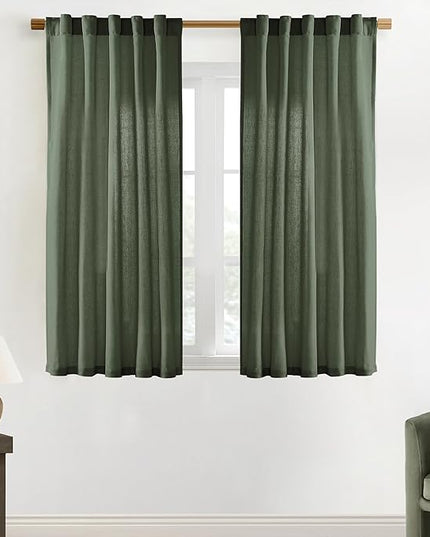 XTMYI Short Curtains for Bedroom,Pole Pocket Back Tab Linen Boho Small Curtain for Kitchen Shower Bathroom Window,54 Inch Length,Dark Olive Green