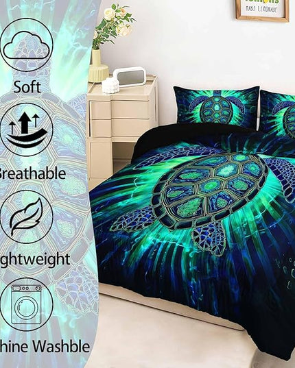 AILONEN Sea Turtle Comforter Set Full Size,Green Blue Turtle Boho Bedding Set for Room,Lightweight Microfiber Duvet with 2 Pillowcases