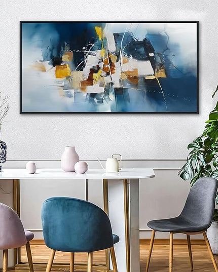 Abstract Canvas Wall Art Navy Blue Wall Art for Living Room Framed Modern Artwork for Walls, Above Bed Wall Decor Navy and Gold for Bedroom and Living Room Office Pictures Wall Decor 20×40IN