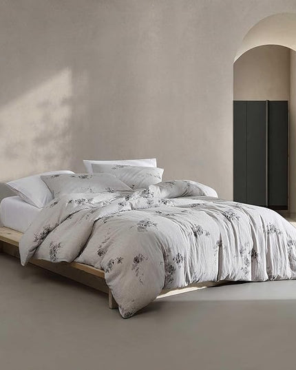 Calvin Klein - King Duvet Cover Set, Soft 100% Cotton Gauze Mélange Bedding, Tailored Knife-Edge Finish, 3 Piece Bed Set with Matching Pillowcases (Aquarelle Floral Grey)