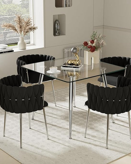 5 Piece Modern Glass Square Dining Set, 36'' Luxury Minimalist Dinner Room Set for 4, 4 Person Clear Glass Kitchen Table with Black Woven Chair, for Living Room Small Apartment (Silver)