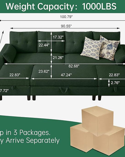 Convertible Sectional Sofa with Storage Ottoman Bench, 101" U Shaped Couch 4-Seat Sofa Set for Living Room/Apartment, Sectional Couch with Movable Ottoman, Green