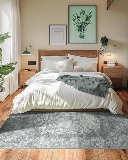jinchan Washable Area Rug 6x9 for Living Room - Soft Faux Wool Ultra-Thin Stain Resistant Non-Slip Distressed Vintage Floral Rug Large Carpet for Bedroom Dining Room Home Office Nursery(Grey, 6'x9')