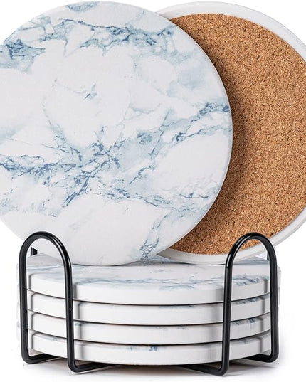 Hoewina 6Pcs Drink Coasters with Holder, Marble Style Ceramic Drink Coaster, Absorbent Coasters Set Suitable for Kinds of Cups, Modern Style Coasters for Coffee Table, 4 Inches（Blue Marble Style）