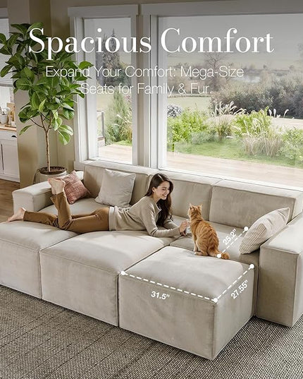 POVISON 115" Modern Modular Sectional Sofa for Living Room 25" Deep Seat Sofa Set Large Sectional Couches Velvet 3 Seats Oversized Big Comfy Cloud Couch for House Office