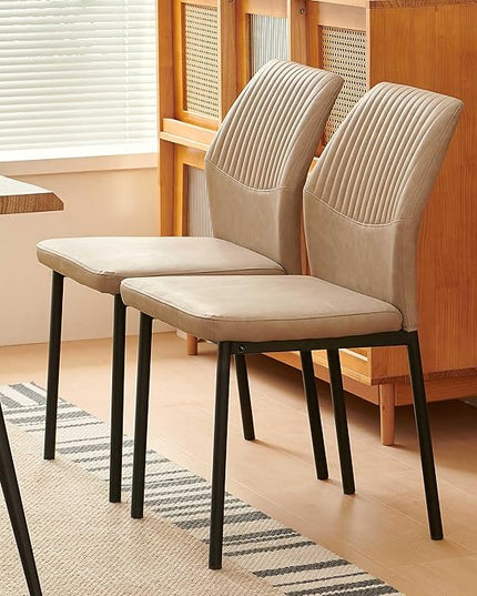 PU Leather Dining Chairs Set of 2, Mid-Century Modern Beige Leather Kitchen Chairs, Armless Dining Room Chairs with Black Metal Legs for Dining Room, Living Room